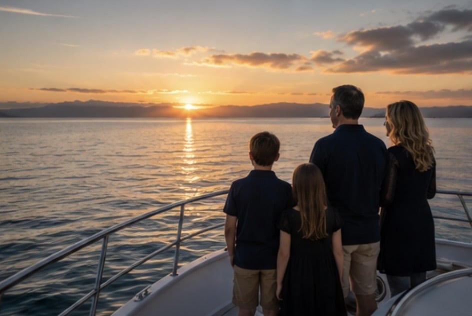 Ash Scattering & Memorial Cruise Waikiki | Ocean Adventures Hawaii 6 A family aboard a private charter looking out over the water at sunset